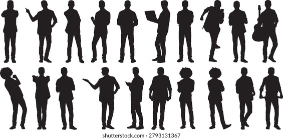 Casual young men standing running and holding guitar solid black movements vector silhouettes set on white background