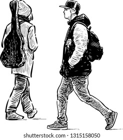 The casual young people going down the street