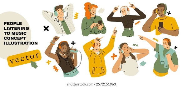 Casual young people in headphones with a phone in hand listening to music and dancing. Set of music lovers smiling and immersed in listening to music tracks. Vector illustration.