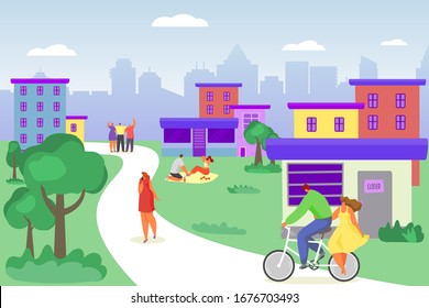 Casual young people in summer walking, riding bicycle, having picnic in park weekend cartoon vector illustration. Man and woman in casual cloths holding hand talking. Landscape with trees and houses.