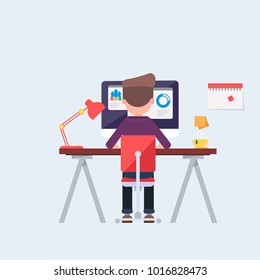 Casually clothed office worker at his desk busy with his tasks, back view. Cool vector flat design illustration on productivity at work with man working on desktop computer. 