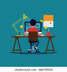 Casually Clothed Office Worker At His Desk Busy With His Tasks, Back View. Cool Vector Flat Design Illustration On Productivity At Work With Man Working On Desktop Computer