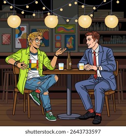 A casually dressed artist sharing a beer at a bar with a formally dressed friend. Two adult friends with opposite styles enjoying a relaxed conversation in a bar setting. SHOTLISTfriendships