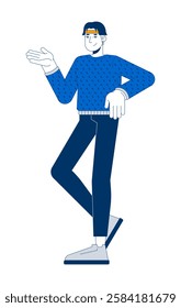 Casually dressed asian man in sweater gesturing in friendly pose 2D cartoon character. Korean male relaxed posture isolated person flat vector on white background. Spot illustration colorful