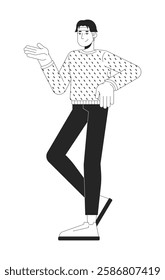 Casually dressed asian man in sweater gesturing in friendly pose black and white 2D line character. Korean male relaxed posture isolated vector outline person. Monochromatic spot illustration