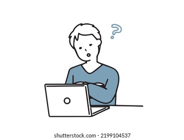  A casually dressed man looking at his laptop and wondering