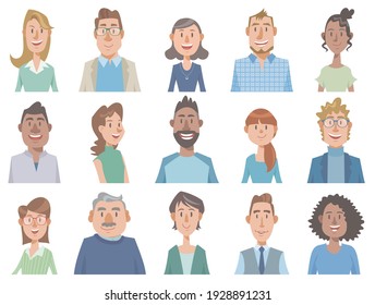 Casually dressed men and women are smiling. Set of diverse peoples faces on white background. Vector illustration in flat cartoon style.