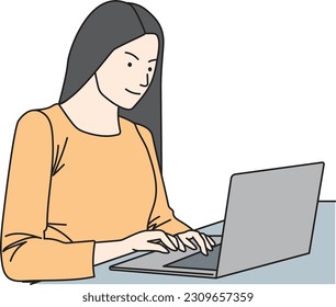 Casually dressed oriental woman using laptop computer