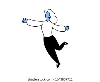 Casually dressed woman jumping or dancing. Flat style vector illustration. Isolated on white background.