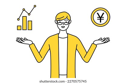 A casually dressed young man guiding an image of DX, performance and sales improvement, Vector Illustration