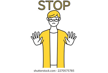 A casually dressed young man with his hand out in front of his body, signaling a stop, Vector Illustration