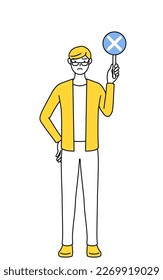 A casually dressed young man holding a bar of buts indicating incorrect answers.