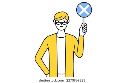 A casually dressed young man holding a bar of buts indicating incorrect answers, Vector Illustration