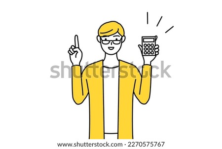 A casually dressed young man holding a calculator and pointing, Vector Illustration