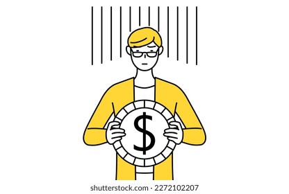 A casually dressed young man, an image of exchange loss or dollar depreciation, Vector Illustration