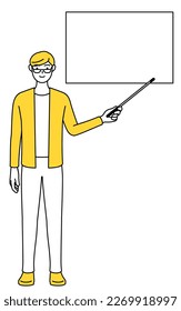 A casually dressed young man pointing at a whiteboard with an indicator stick.