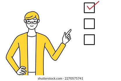 A casually dressed young man pointing to a checklist, Vector Illustration