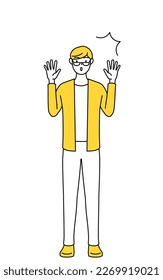 A casually dressed young man raising his hand in surprise.