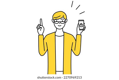 Un joven vestido de forma informal tomando medidas de seguridad para su teléfono, Vector Illustration