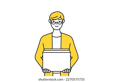 A casually dressed young man working to carry cardboard boxes, Vector Illustration