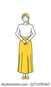 A casually dressed young woman bowing with folded hands, Vector Illustration