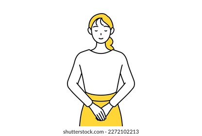 A casually dressed young woman bowing with folded hands, Vector Illustration