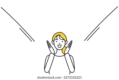 A casually dressed young woman calling out and her hand over her mouth  Vector Illustration