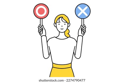 A casually dressed young woman holding a stick indicating correct and incorrect answers, Vector Illustration