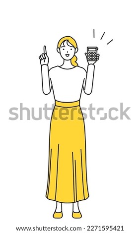A casually dressed young woman holding a calculator and pointing, Vector Illustration