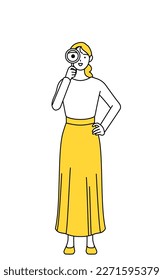 A casually dressed young woman looking through magnifying glasses, Vector Illustration