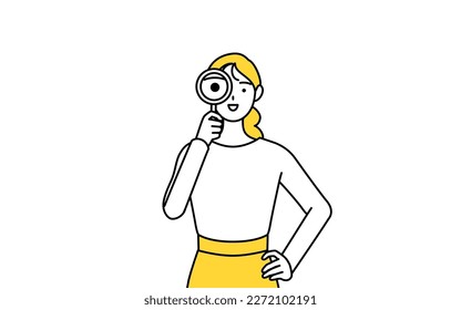 A casually dressed young woman looking through magnifying glasses, Vector Illustration