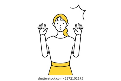 Una joven vestida de forma casual levantando su mano sorprendida, Vector Illustration