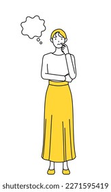 A casually dressed young woman thinking while scratching her face, Vector Illustration