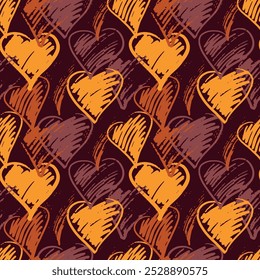 Casually hand-painted hearts, a seamless background with a vector drawing of love with visible defects full of irregularities.