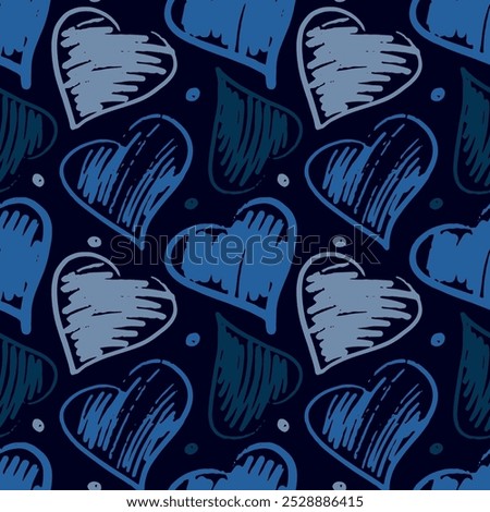 Casually hand-painted hearts, a seamless background with a vector drawing of love with visible defects full of irregularities.