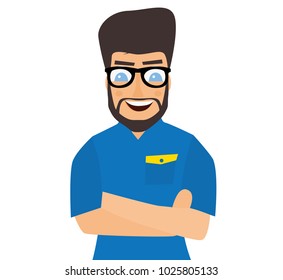 Casualmente guapo hombre aislado de fondo blanco. Ilustración vectorial. Joven hombre apuesto y con confianza en camisas azules, con los brazos cruzados y sonrientes.