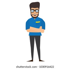 Casualmente guapo hombre de pie aislado de fondo blanco. Ilustración vectorial. Joven hombre apuesto y con confianza en camisas azules, con los brazos cruzados y sonrientes.
