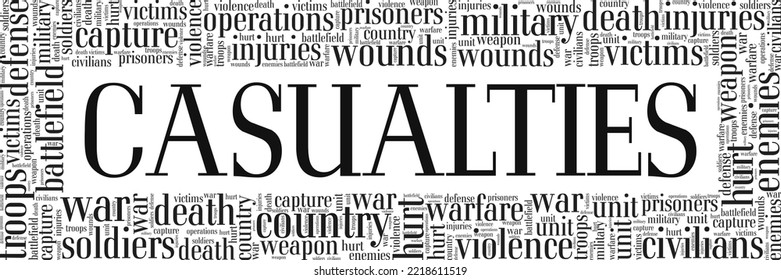 Las bajas del diseño conceptual de la nube de palabras de guerra aisladas en el fondo blanco.