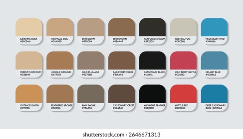 Paleta de cores Casuariiformes. Casuariiformes cor Tone Swatch Chart com códigos HEX e nomes de cores. casuários e emus Difusão e corpo cores tons variantes. Vetor de paleta de cores de Tendência de Moda