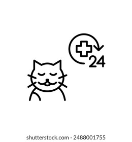 Cat and 24 hour medical cross. Continuous veterinary care. Health insurance. Pixel perfect vector icon