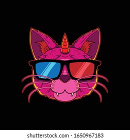 Cat with 3D eyeglasses vector illustration with hand drawn style for tshirt design