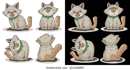 A cat and 4 different pose in black and white background