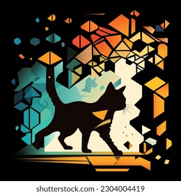 cat in abstract art style, cube style for poster, banner or background, vector illustration
