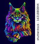 Cat. Abstract, artistic, neon-colored portrait of a Maine Coon cat in pop art style on a dark blue background.