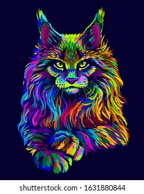 Cat. Abstract, artistic, neon-colored portrait of a Maine Coon cat in pop art style on a dark blue background.