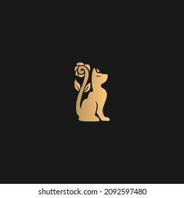 Cat abstract logo design with flowers. Flower and cat combination . Golden color logo on black background. 