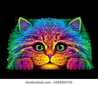 Cat. Abstract, multicolored portrait of a fluffy cat in watercolor style on a black background. Digital vector graphics.