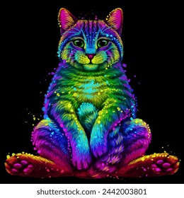 Cat. Abstract, multicolored portrait of a cat sitting on his ass in watercolor style on a black background. Digital vector graphics.