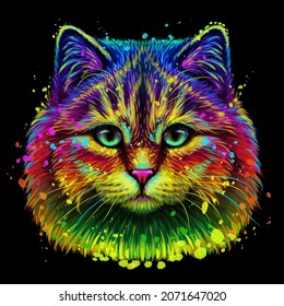 Cat. Abstract, neon portrait of a cat looking forward on a purple background in the style of pop art. Digital vector graphics