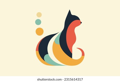 a cat in an abstract rainbow style, abstract cat illustration, dark navy and orange, simplified forms and shapes, elegant use of negative space, download abstract cat logo, minimalist cat logo